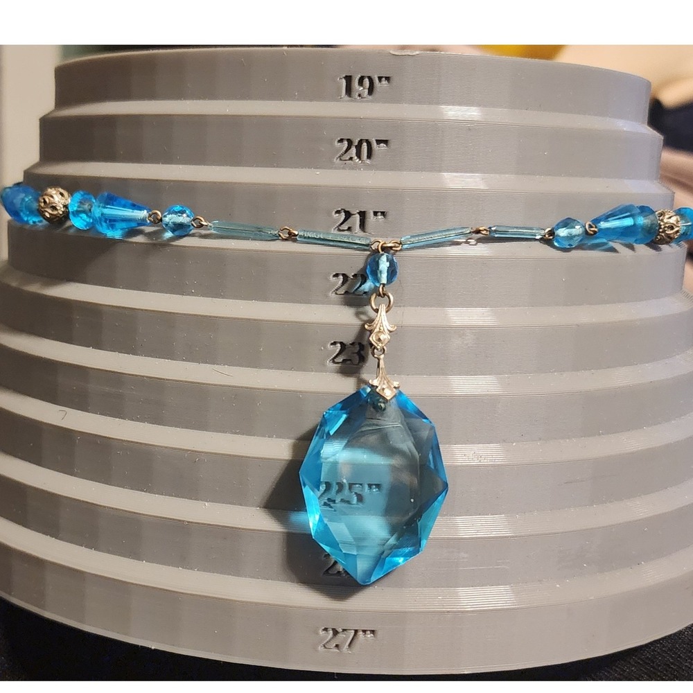 VTG Art Deco Aqua Blue Glass Bead Necklace Large Faceted Pendant 22 In READ - Picture 5 of 10